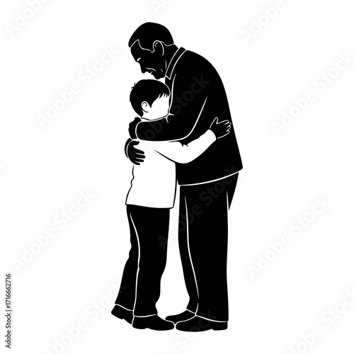 Father and son embrace black and white