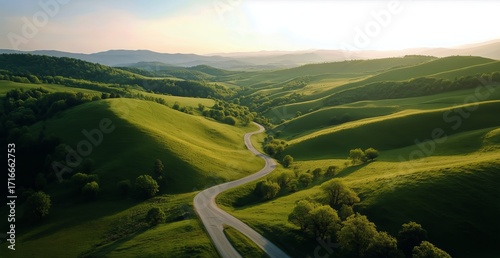 Scenic Rolling Hills With Winding Road and Blossoming Trees at Sunset.
