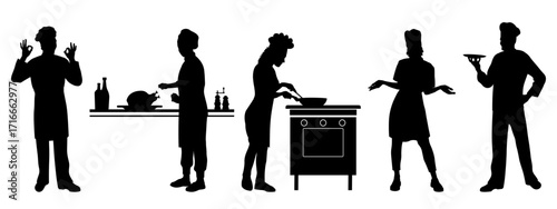Chef cooking silhouettes, food preparation. Profession silhouettes. Vector illustration	
