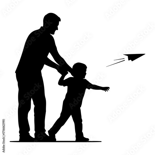 Father and son launching paper airplane child