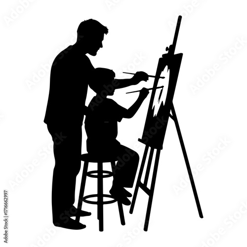 Father and son painting together easel canvas