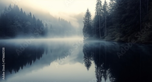 Misty Morning at Still Lake With Forest Reflection and Soft Light.