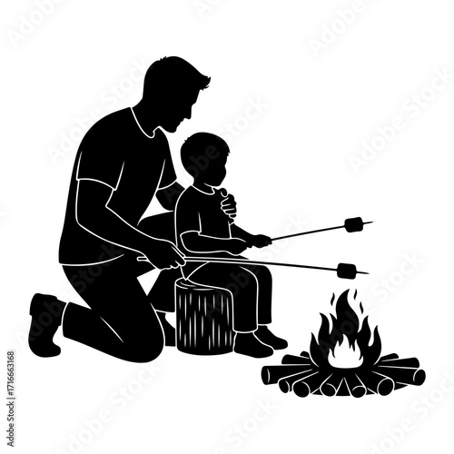 Father and son roasting marshmallows by campfire vector