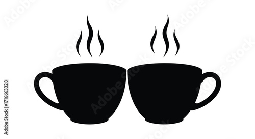 Two black coffee cups with rising steam a simple graphic design