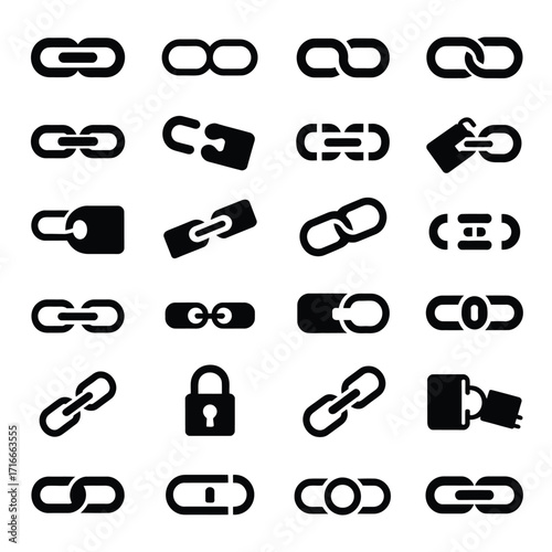Vector link, lock and secure icons  Flat minimal style, tech & safety symbols