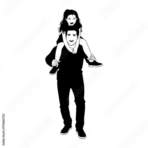 Father carrying daughter piggyback smiling vector