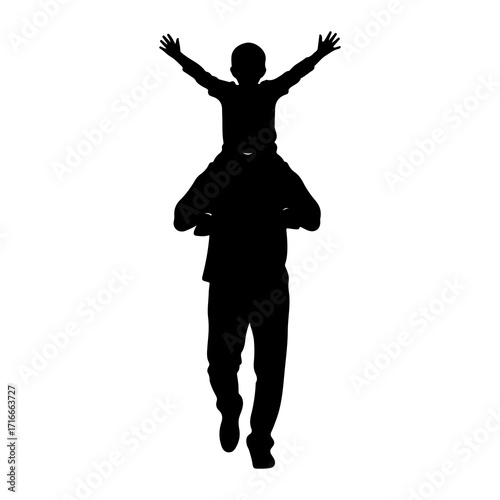 Father carrying son with arms raised shoulders raised arms