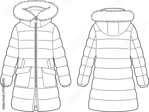 Front and back view of a long winter puffer coat with fur-trimmed hood and flap pockets vector illustrationFront and back view of a long winter puffer coat with fur-trimmed hood 