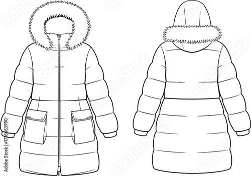 Front and back view of a winter padded parka jacket with fur hood and large pockets vector illustrationFront and back view of a winter padded parka jacket with fur hood 
