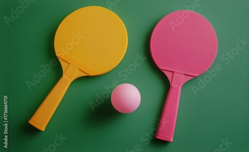Brightly Colored Table Tennis Paddles and a Ball Ready for a Game on a Green ...