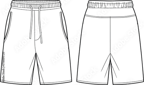 Technical sketch of front and back athletic shorts with drawstring waistband and gusset, fashion vector for apparel designTechnical sketch of front and back athletic shorts with drawstring 
