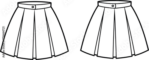 Technical sketch of pleated skirt front views with waistband and button, fashion vector for garment design templateTechnical sketch of pleated skirt front views with waistband 