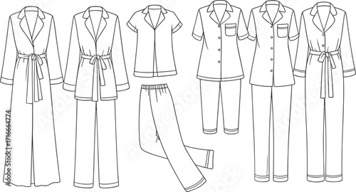 Technical sketch of seven pajama styles with varied sleeve and pant lengths, fashion vector for sleepwear design templateTechnical sketch of seven pajama styles with varied sleeve 