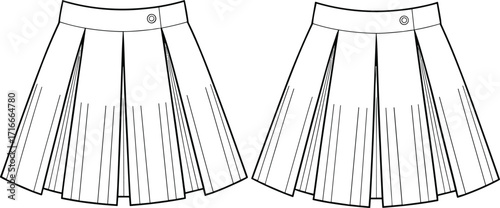 Technical sketch of pleated skirts with waistband and side button, fashion vector for garment design illustrationTechnical sketch of pleated skirts with waistband and side button, fashion 
