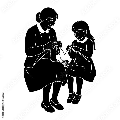 Grandmother and granddaughter knitting together yarn