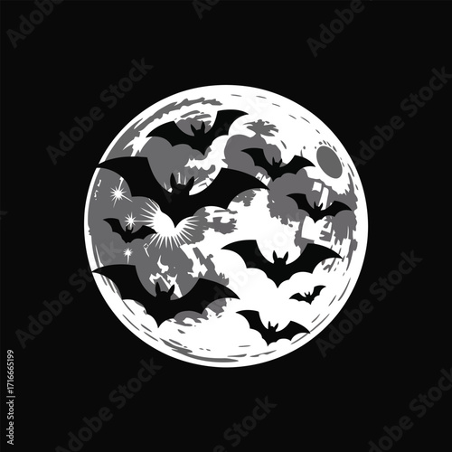 Bats Flying Around Moon Silhouette Illustration Isolated Art on Dark Transparent Sky