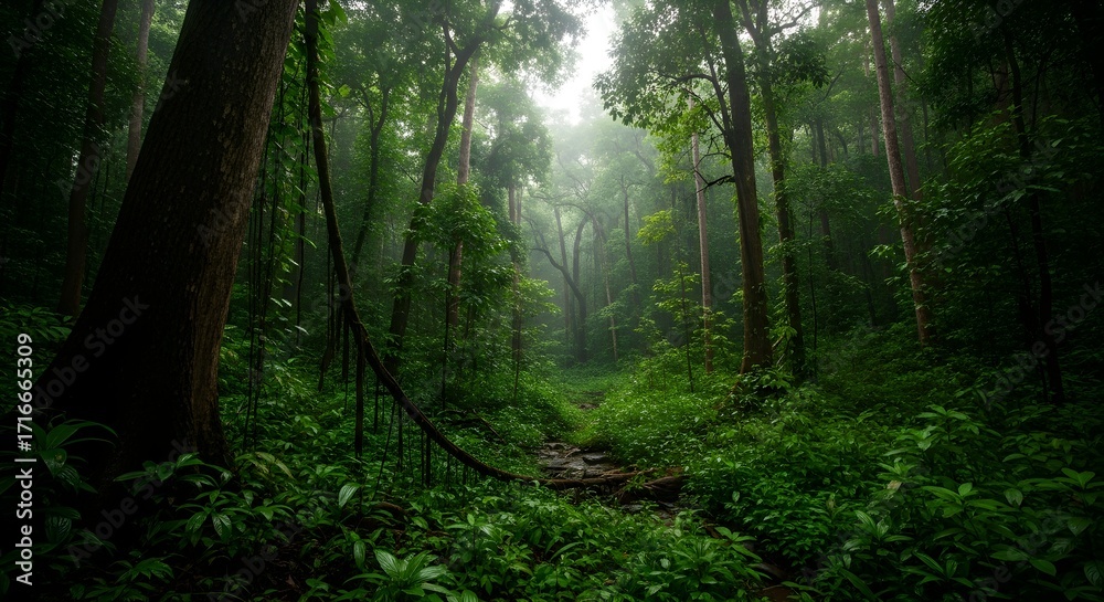 Fototapeta premium Dense green forest path winding through lush foliage and ancient trees under misty skies
