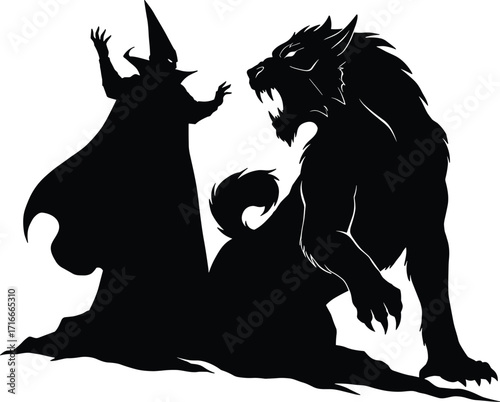 Fantasy wizard casting spell against mythical beast silhouette, dramatic magical battle sceneFantasy wizard casting spell against mythical beast silhouette, dramatic magical battle scene