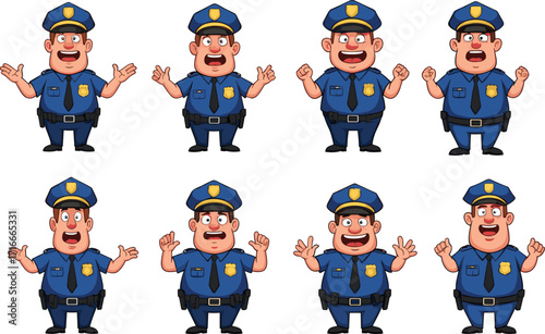 Cartoon police officer in blue uniform, various expressive poses, smiling, shouting, gesturing, law enforcement character, vector illustration