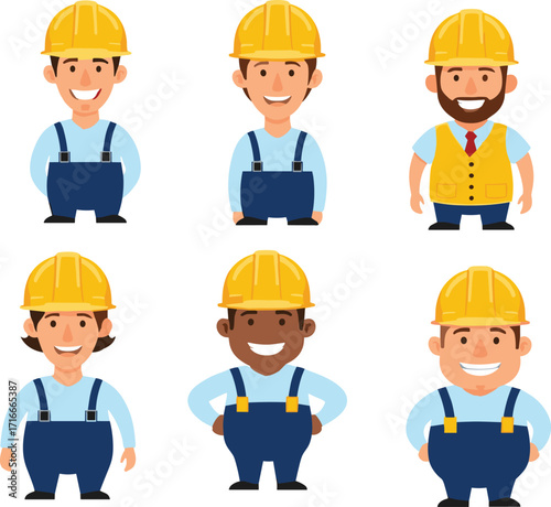 Cartoon construction workers in yellow hard hats, blue overalls, diverse characters, smiling builders, vector illustration