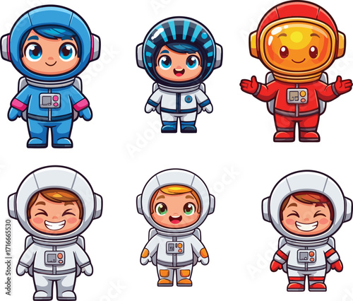 Cute cartoon astronauts, space suit characters, smiling kids in helmets, astronaut vector set, playful cosmic explorers
