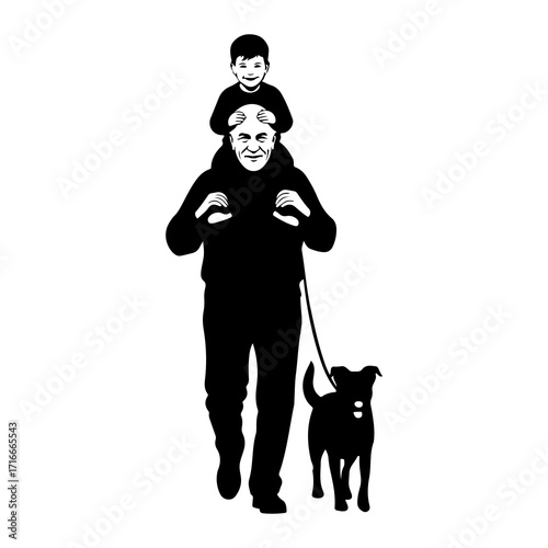 Man carrying boy walking dog vector