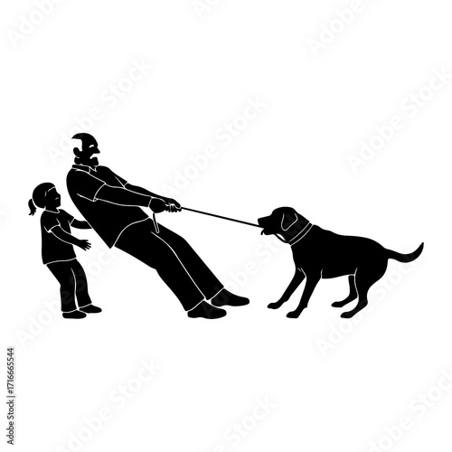 Man child dog tugging leash silhouette