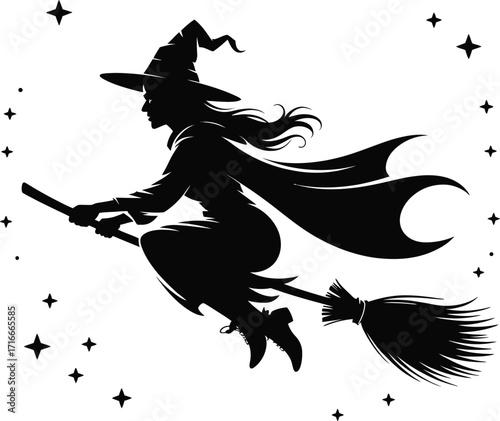Witch on Broom Illustration Isolated on Transparent Background for Artistic Creations