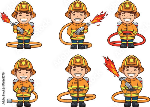 Cute cartoon firefighter boy holding hose, spraying water, smiling, wearing helmet and uniform, fire safety, emergency rescue, vector illustration