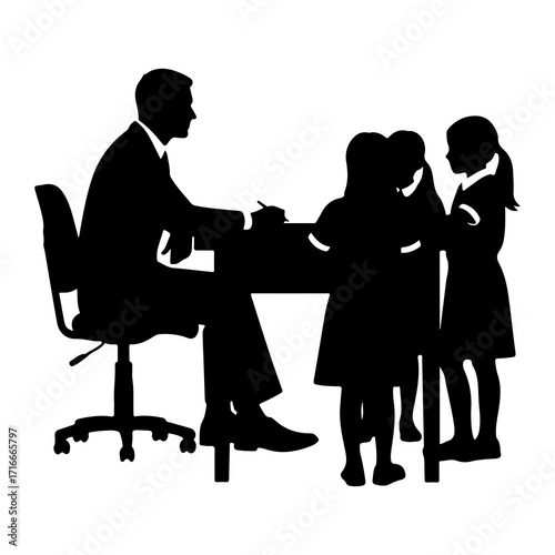 Man teaching girls at desk silhouette teacher