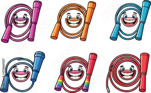 Cute cartoon jump ropes with happy faces, colorful handles, and playful expressions for fitness, kids, and fun exercise themes