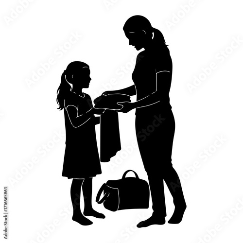 Mother and child folding clothes daughter
