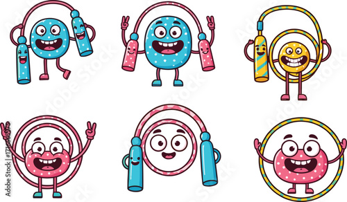 Cute cartoon jump ropes with smiling faces, water bottles, and playful expressions for fitness, kids, and fun exercise themes