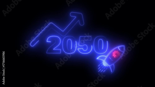 Wallpaper Mural Blue neon 2050 year with upward arrow graph and rocket ship icon on black background new year Torontodigital.ca