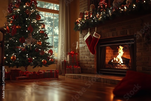 Cozy Christmas Living Room With a Decorated Tree and Warm Fireplace Glow.