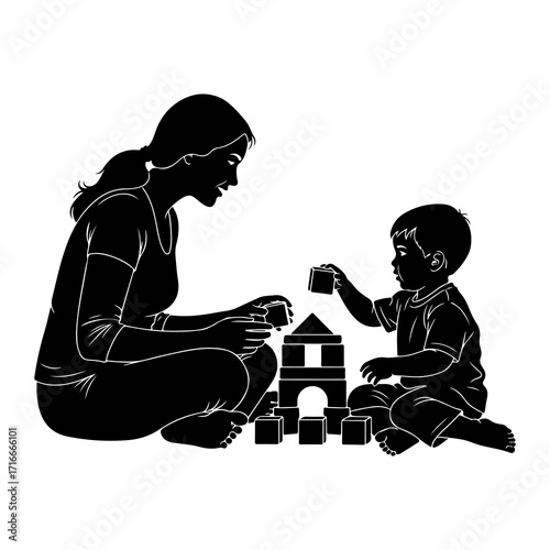 Mother and child playing with blocks building