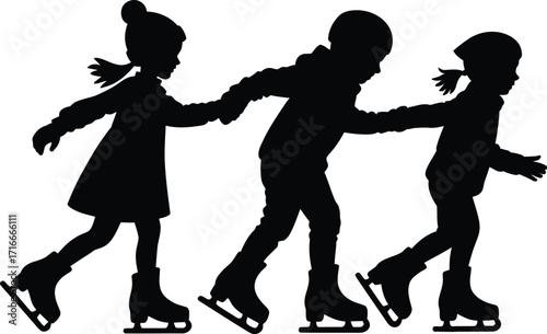 Silhouette Illustration of Children Ice Skating Isolated on Transparent Background Art