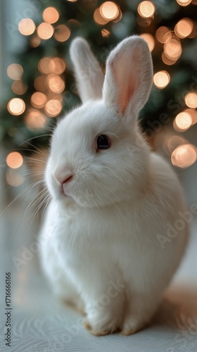 White Rabbit Sitting Peacefully in Front of Sparkling Holiday Lights During a...