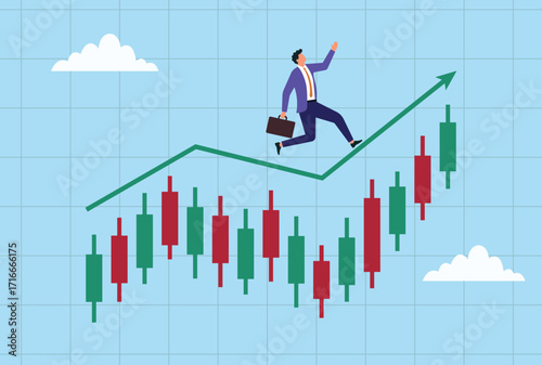 Vector illustration of a businessman running upward on a rising candlestick chart, symbolizing stock market growth, financial success, trading opportunities, and investment profit
