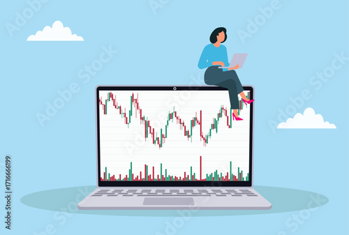 Vector illustration of a woman sitting on laptop with candlestick chart, analyzing stock market data, online trading, investment and financial market strategy
