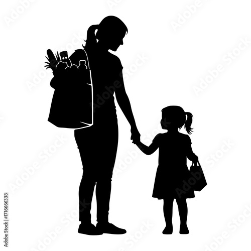 Mother daughter shopping bag holding hands groceries
