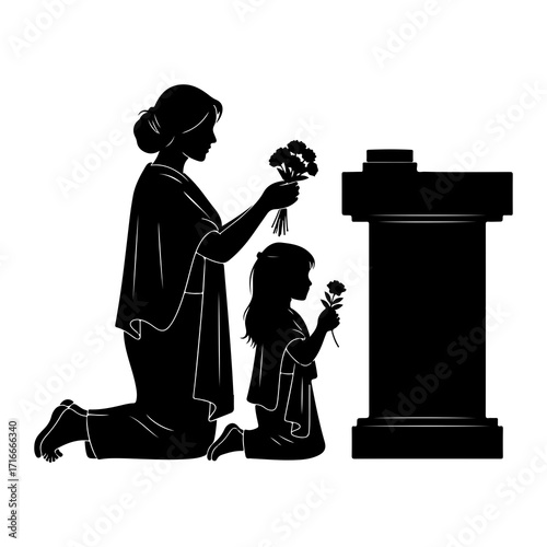 Mother daughter offering flowers silhouette kneeling