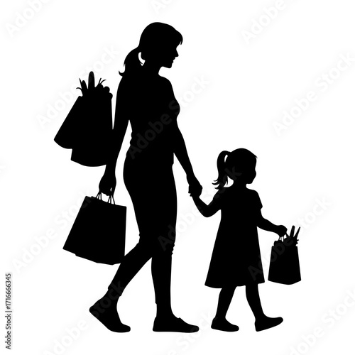 Mother daughter shopping bags walking silhouette