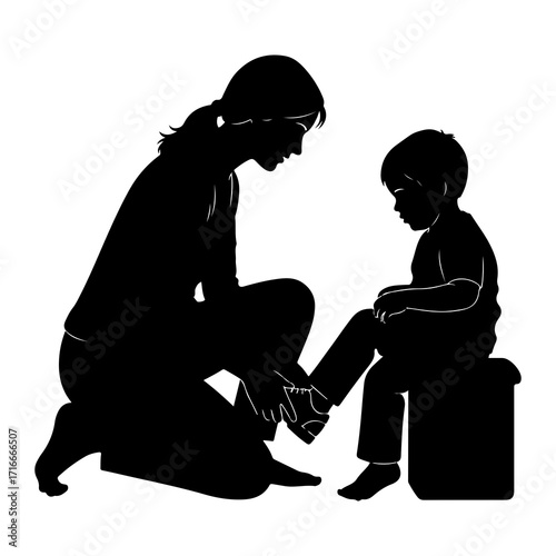 Mother helps child put on shoes helping putting on shoes