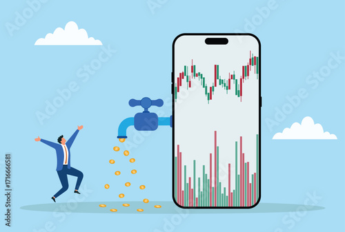 Vector illustration of a businessman celebrating as coins flow from a faucet connected to a smartphone screen showing stock market charts, symbolizing online trading profits
