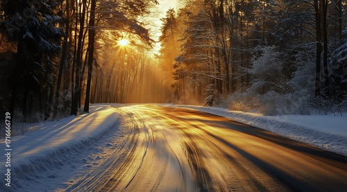 Beautiful Winter Sunrise Over a Snow-Covered Road in a Peaceful Forest Setting