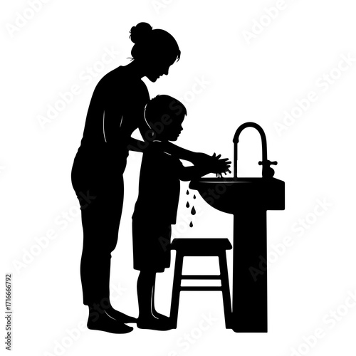 Mother teaching child handwashing at sink silhouette