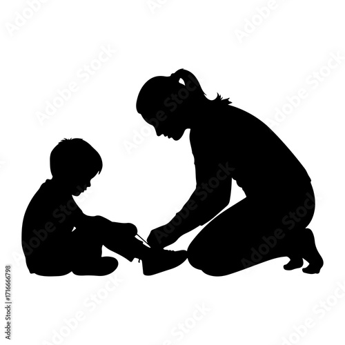 Mother tying childs shoelaces silhouette