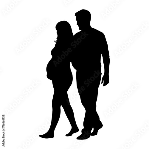 Pregnant woman and man walking together silhouette