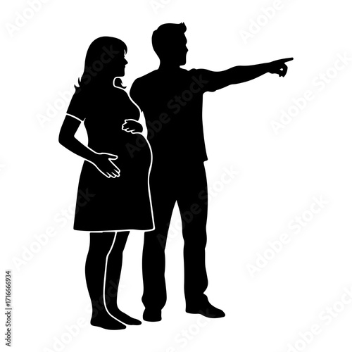 Pregnant woman and man pointing silhouette